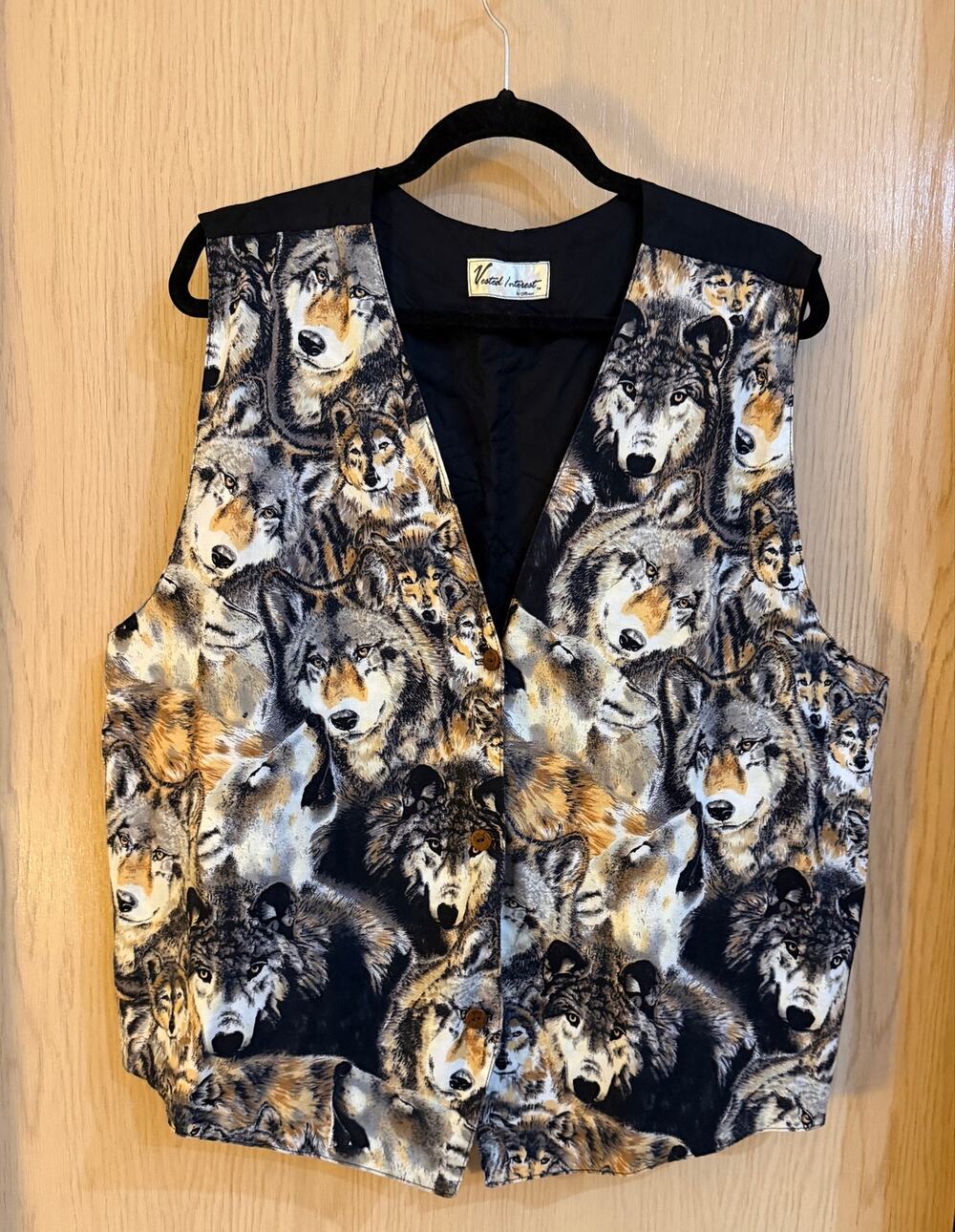 90s Vested Interest Wolf Print Vest 2X USA Made Wildlife Western Novelty